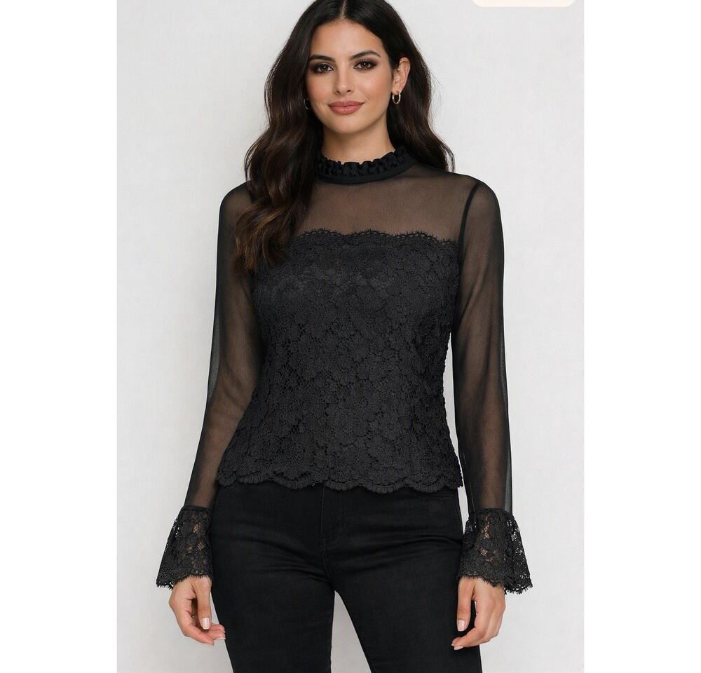 New York Co Black Mesh Lace Cotton Blend Top Size Large Bell Sleeve Whimsygoth